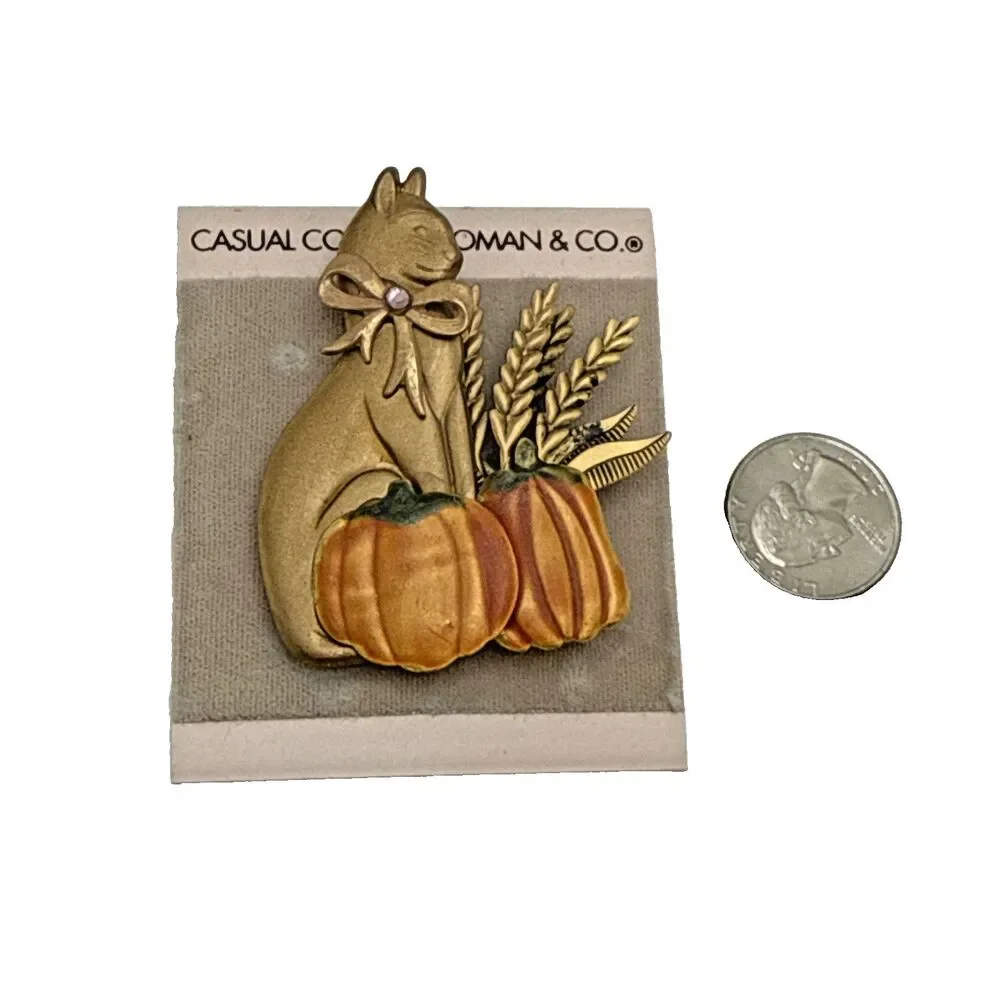 NWT Vintage 1990s Fall Autumn Cat & Pumpkins Brooch 2.5